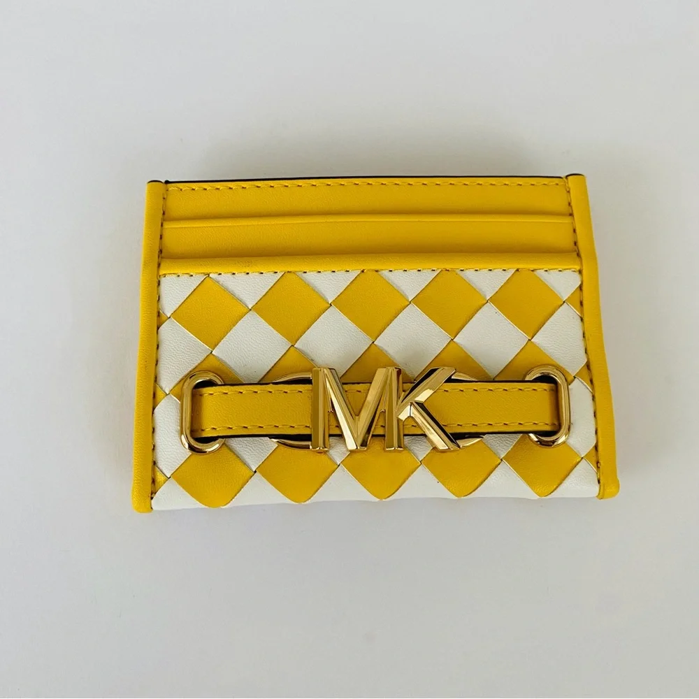 $258 NWOT Michael Kors Reed Yellow White Woven Leather Card Holder Mini Wallet